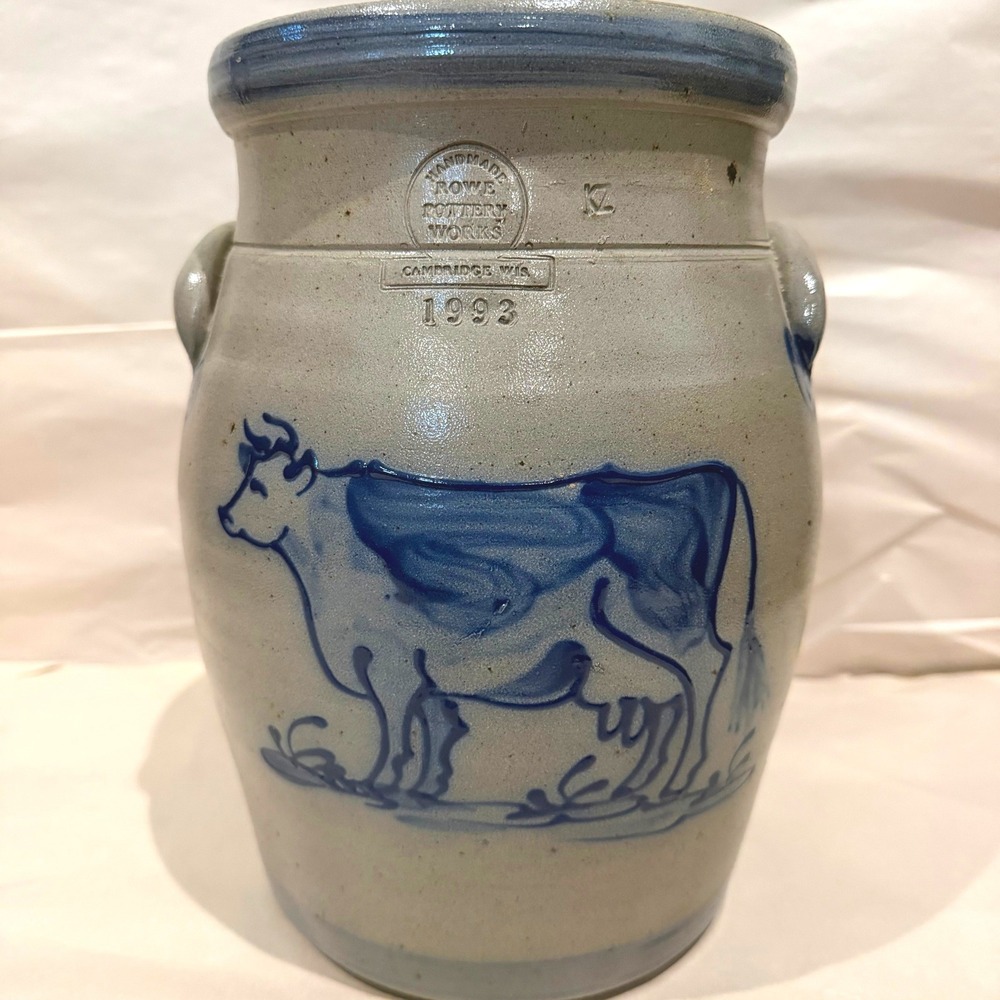 Rowe Pottery Works Salt Glazed Lug Handled Crock Cow Motif Cambridge Wis 1993